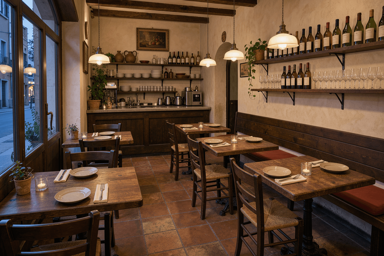 The warm interior of a small Italian osteria with wooden tables, wine bottles on shelves and pendant lights