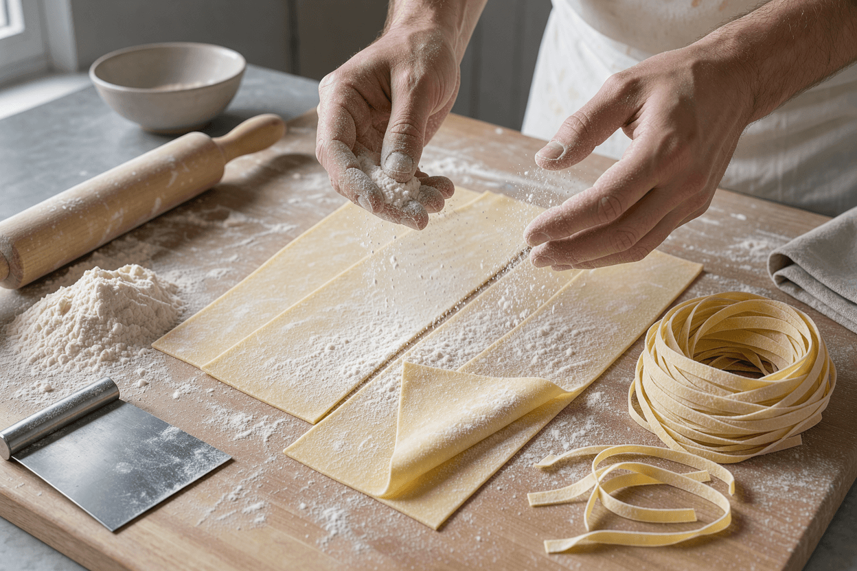 A chef dusting flour over fresh pasta sheets