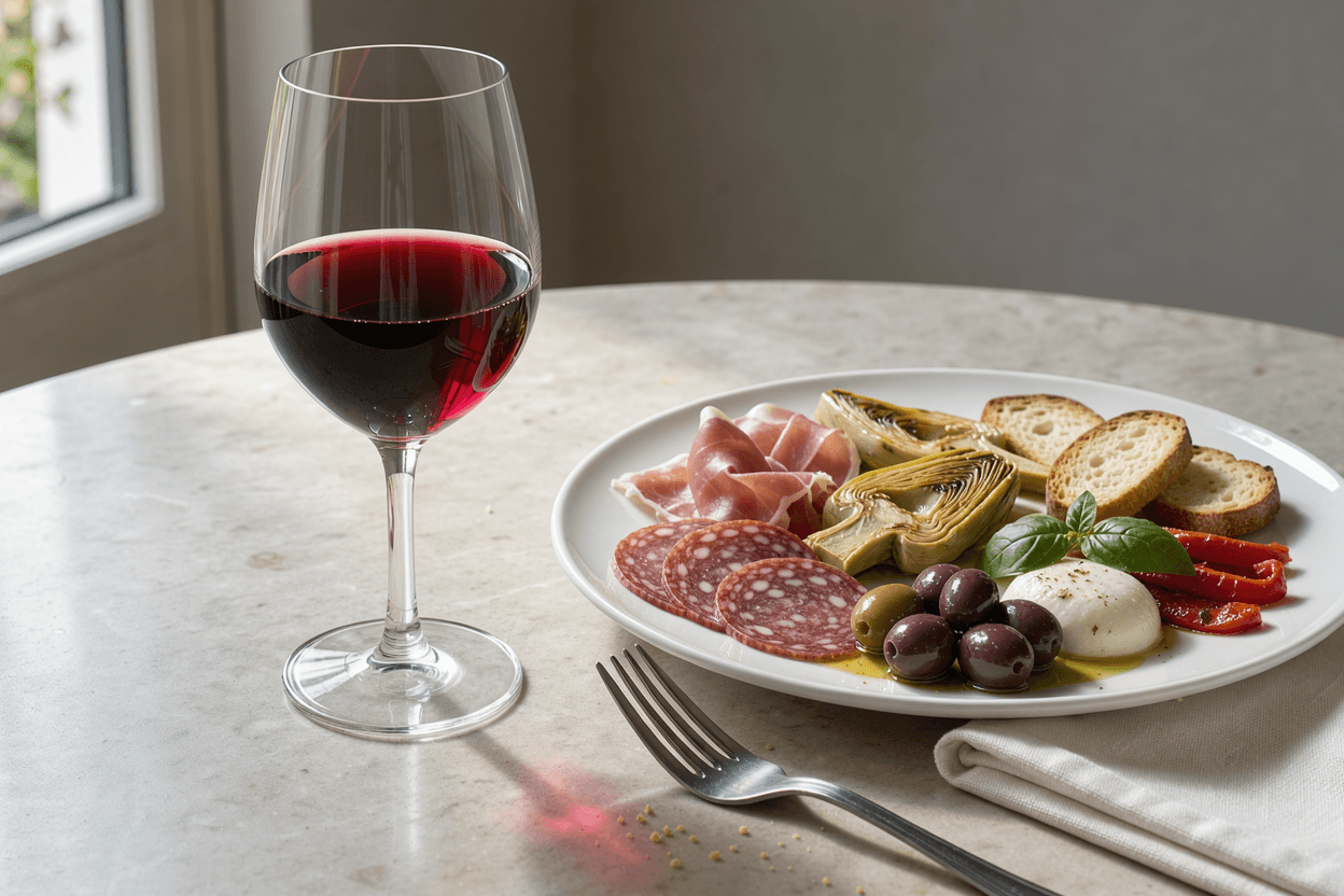A glass of red wine and a plate of antipasti, close up